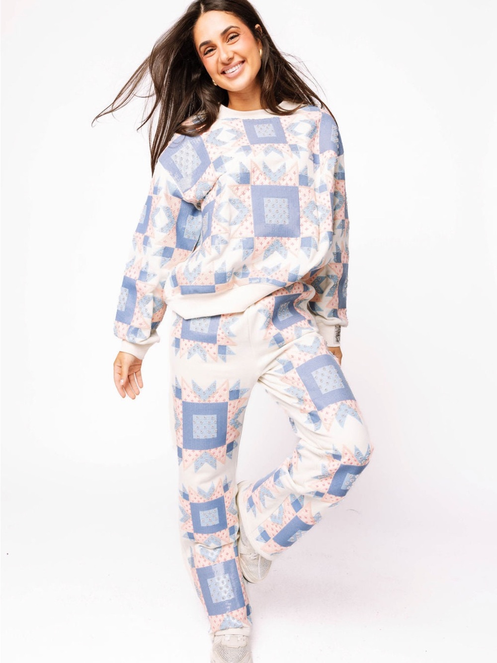 QUEEN OF SPARKLES Pastel Blue and Cream Patchwork Sweater